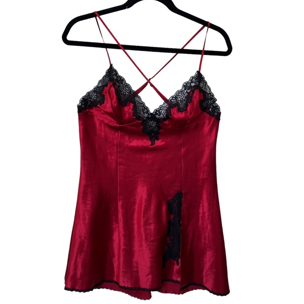 Frederick's of Hollywood Red Satin Black  Lace Slip Dress